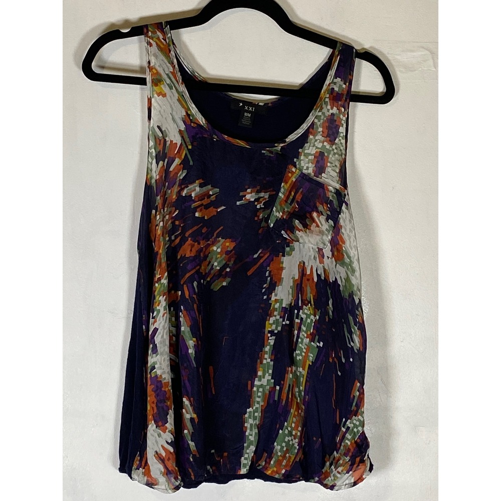 XXI Abstract Floral Tank Top Medium Sheer Racerback Boho Artsy Pocket